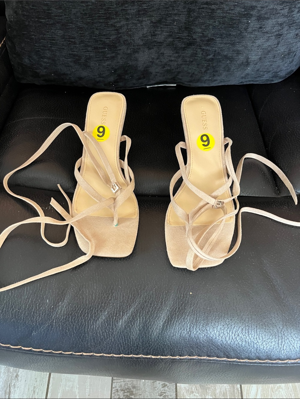 GUESS Neutral Beige Lace-Up Squareop-Toe Heeled Sandals